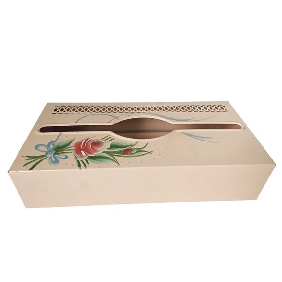 MCM Pink Tissue Box Holder Cover Hand Painted Tole Ware Metal Vanity Bath Vtg - Picture 2 of 11